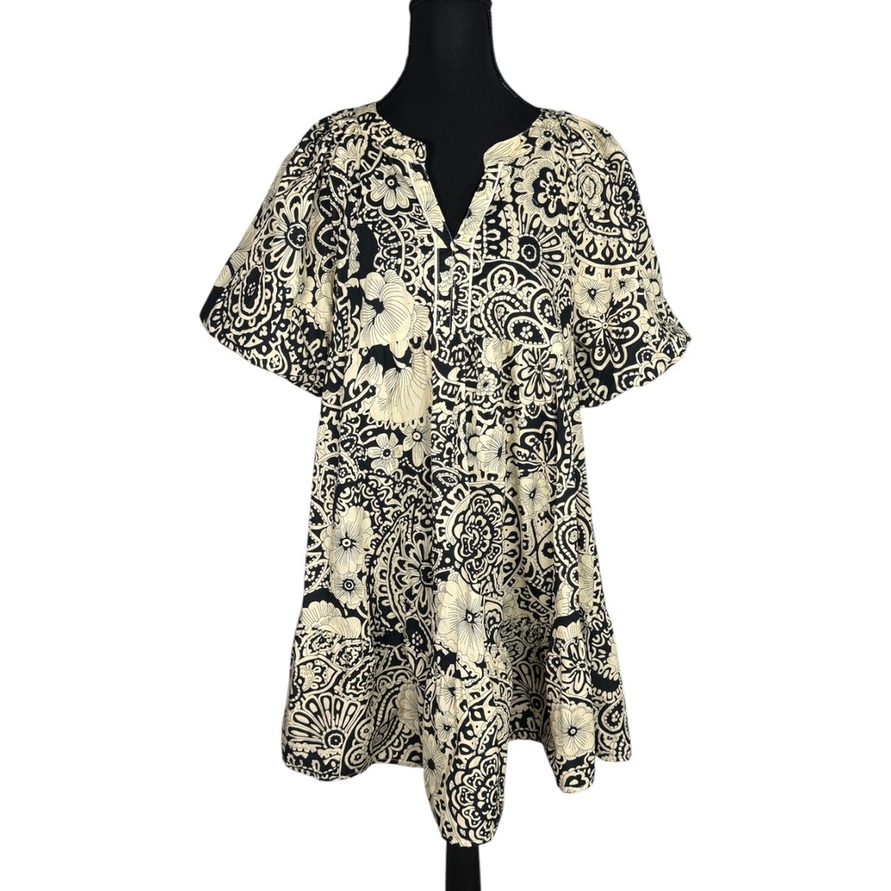Umgee USA Black Cream Floral Paisley Tiered Mini Shift Dress Small R0800